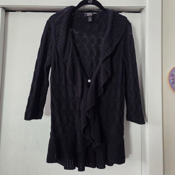 Style & Co. L Black Drape Front Cardigan Single Button Ruffle Knit 100% Cotton - Picture 1 of 5